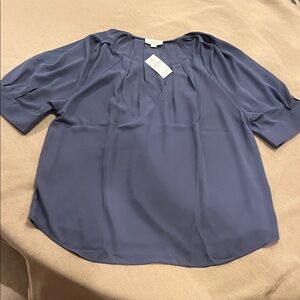 NWT LOFT Slate Blue V-Neck Pleated Blouse